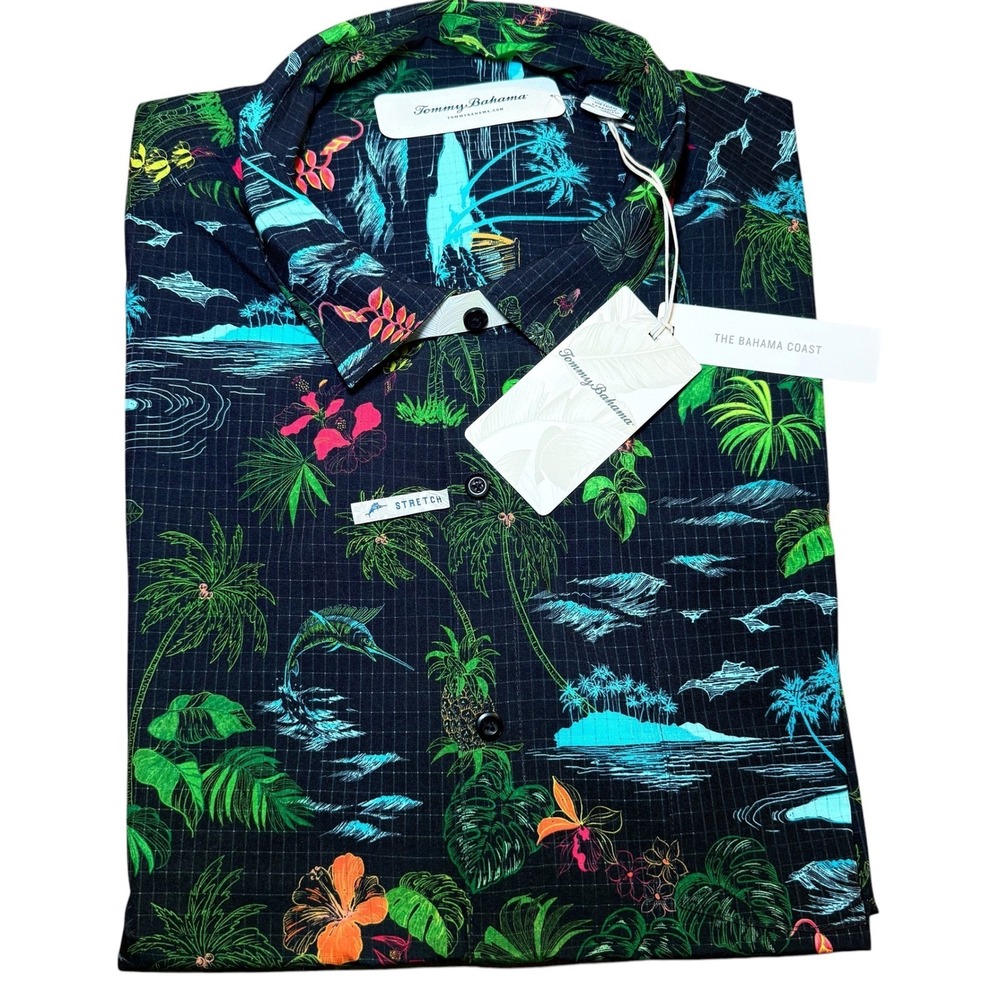 Tommy Bahama The Bahama Coast Neon Mens 2XLB Stretch Shirt Black NWT Tropical